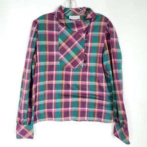 Vintage Carrie Boone Plaid Blouse Mock Neck Asymmetrical Cottagecore Size Large